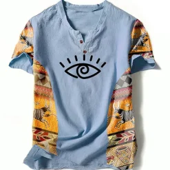 Best OUKU Men's Graphic Color Block Tribal T Shirt Henley Shirt Short Sleeve 3D Printing Designer Ethnic Classic Outdoor Vacation Daily Spring & Summer Blue Green Khaki Gray V Neck Henley T-Shirt