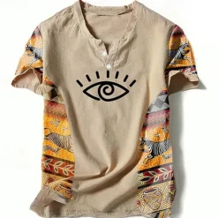 Best OUKU Men's Graphic Color Block Tribal T Shirt Henley Shirt Short Sleeve 3D Printing Designer Ethnic Classic Outdoor Vacation Daily Spring & Summer Blue Green Khaki Gray V Neck Henley T-Shirt