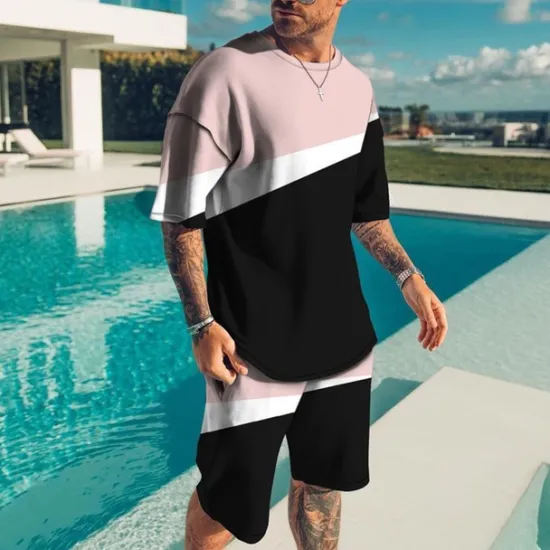 Outlet OUKU Men's Graphic Color Block 2pcs Tees sets Short Sleeve Short Pants Crew Neck Designer Casual Comfortable Outdoor Vacation Daily 3D Print Spring & Summer Black Yellow Pink