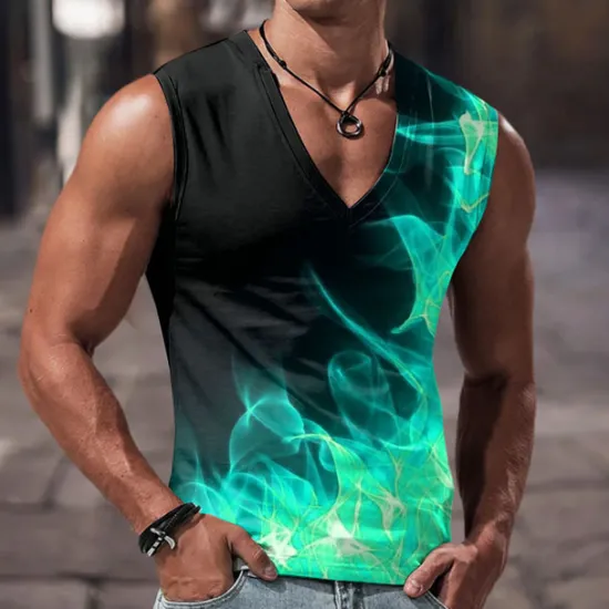 Online OUKU Men's Graphic Color Block Flame Tank Top Sleeveless T Shirt for Men Flame Shirt Sleeveless T shirt 3D Print V Neck Shirt Designer Casual Muscle Sports Running Gym Red Blue Purple Spring & Summer
