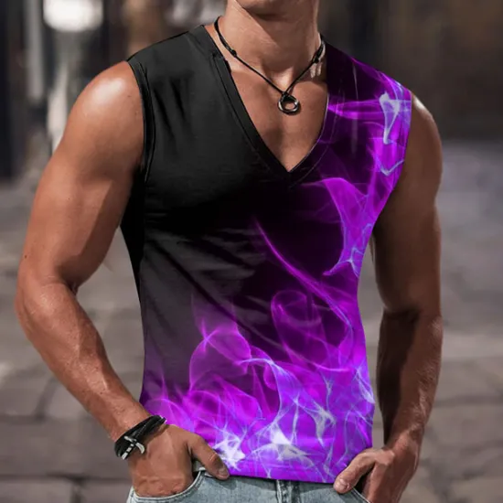 Online OUKU Men's Graphic Color Block Flame Tank Top Sleeveless T Shirt for Men Flame Shirt Sleeveless T shirt 3D Print V Neck Shirt Designer Casual Muscle Sports Running Gym Red Blue Purple Spring & Summer
