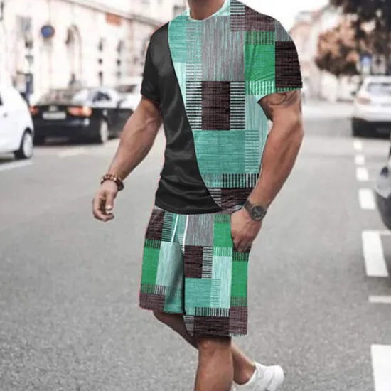 Hot OUKU Men's Graphic Color Block 2pcs Tees sets Matching Sets Short Sleeve Short Pants Crew Neck Designer Casual Comfortable Outdoor Vacation Daily 3D Print Spring & Summer Red Blue Green