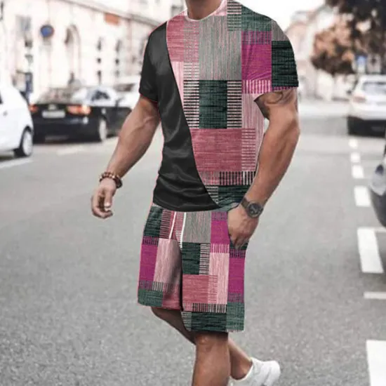 Hot OUKU Men's Graphic Color Block 2pcs Tees sets Matching Sets Short Sleeve Short Pants Crew Neck Designer Casual Comfortable Outdoor Vacation Daily 3D Print Spring & Summer Red Blue Green