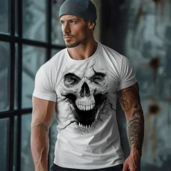 Discount OUKU Men's Graphic Cool Skulls T Shirt Tee Top Short Sleeve T shirt 3D Print Crew Neck Shirt Daily Designer Retro Vintage Sports Outdoor Holiday Going out White Khaki Dark Gray Spring & Summer Clothing