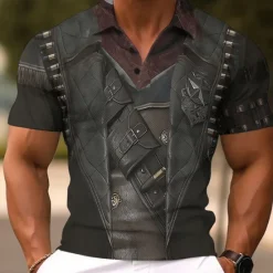 New OUKU Men's Graphic Cosplay Golf Shirt Short Sleeve Polo Shirts Collared Shirts Vacation Wear Rave Wear Party Outfits Buttons 3D Print Summer Spring Black Gray
