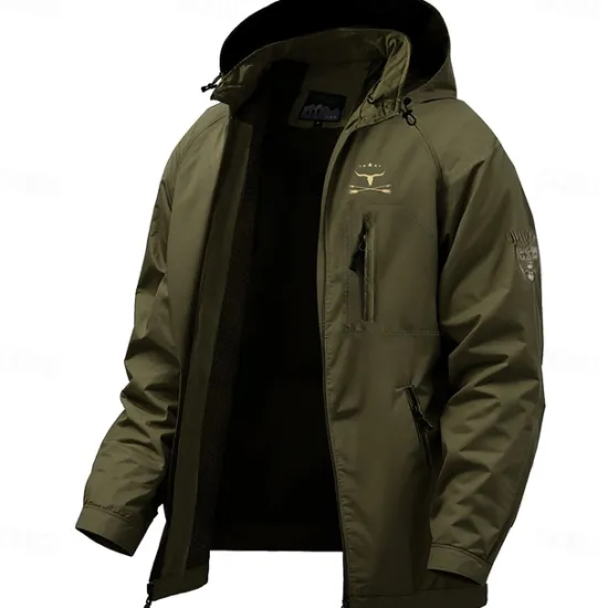 Clearance OUKU Men's Graphic Cow Print Jacket Raincoat Shell Jacket Waterproof Lightweight Casual Sports Outdoor Camping & Hiking Embroidered Side Pockets Zip Front Fall Winter Hooded Long Sleeve Green khaki Dark