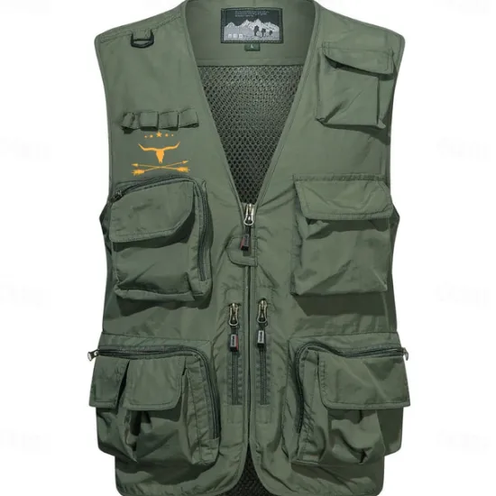OUKU Men's Graphic Cow Vest Waistcoat Gilet Tactical Practical Removable Casual Sports Outdoor Fishing Photography Mesh Quick Dry Double Layered Fall Winter Collarless Sleeveless khaki Army Green