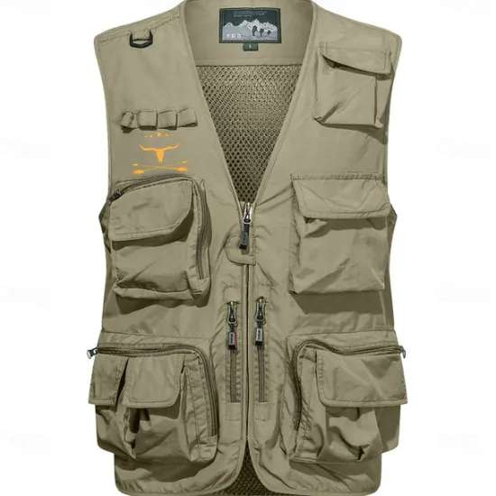 OUKU Men's Graphic Cow Vest Waistcoat Gilet Tactical Practical Removable Casual Sports Outdoor Fishing Photography Mesh Quick Dry Double Layered Fall Winter Collarless Sleeveless khaki Army Green
