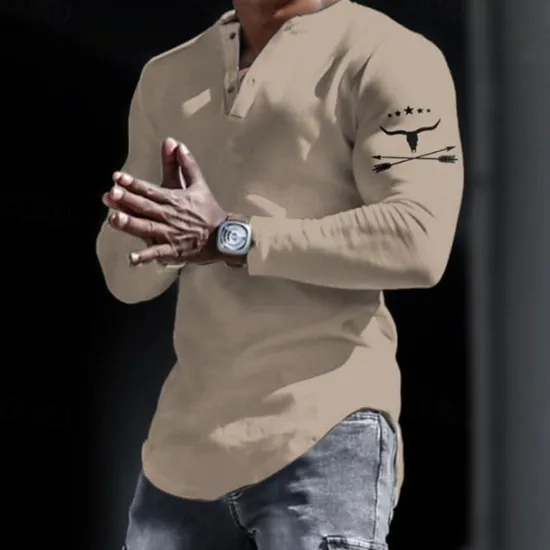 Clearance OUKU Men's Graphic Cowboy Henley Shirt Long Sleeve 3D Print Fashion Daily Casual Casual Holiday Going out Spring & Fall Black White Yellow Gray Henley Henley T-Shirt