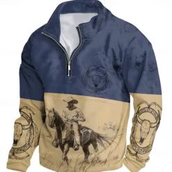 Hot OUKU Men's Graphic Cowboy Hoodies Daily Casual Long Sleeve Stand Collar Vacation Going out Streetwear Print Spring & Fall Designer Blue