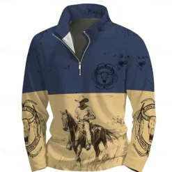 Hot OUKU Men's Graphic Cowboy Hoodies Daily Casual Long Sleeve Stand Collar Vacation Going out Streetwear Print Spring & Fall Designer Blue