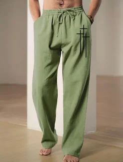 Clearance OUKU Men's Graphic Cross Faith Pants Trousers Mid Waist Casual Daily Wear Vacation Going out Spring Fall Black Blue Green