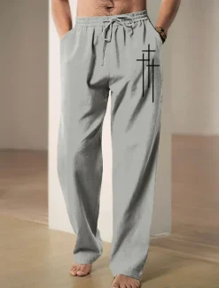 Clearance OUKU Men's Graphic Cross Faith Pants Trousers Mid Waist Casual Daily Wear Vacation Going out Spring Fall Black Blue Green