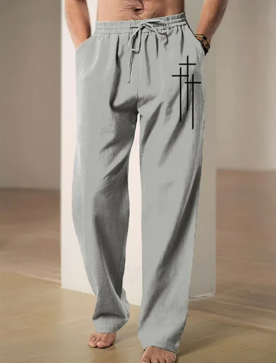 Clearance OUKU Men's Graphic Cross Faith Pants Trousers Mid Waist Casual Daily Wear Vacation Going out Spring Fall Black Blue Green
