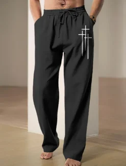 Clearance OUKU Men's Graphic Cross Faith Pants Trousers Mid Waist Casual Daily Wear Vacation Going out Spring Fall Black Blue Green