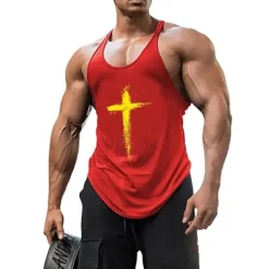 Online OUKU Men's Graphic Cross Tank Top Vest Top Undershirt Graphic Tee Sleeveless Shirt Sleeveless T shirt Crew Neck Shirt Fashion Streetwear Muscle Sports & Outdoor Athleisure Gym Black Red Gray Summer