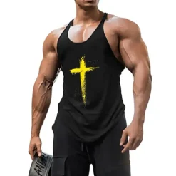 Online OUKU Men's Graphic Cross Tank Top Vest Top Undershirt Graphic Tee Sleeveless Shirt Sleeveless T shirt Crew Neck Shirt Fashion Streetwear Muscle Sports & Outdoor Athleisure Gym Black Red Gray Summer