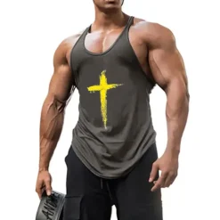 Online OUKU Men's Graphic Cross Tank Top Vest Top Undershirt Graphic Tee Sleeveless Shirt Sleeveless T shirt Crew Neck Shirt Fashion Streetwear Muscle Sports & Outdoor Athleisure Gym Black Red Gray Summer