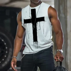 New OUKU Men's Graphic Cross Vest Top Sleeveless T Shirt for Men Sleeveless Cap Sleeve T shirt 3D Print Crew Neck Shirt Fashion Designer Muscle Daily Sports Running Light Yellow Black White Spring & Summer