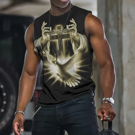 New OUKU Men's Graphic Cross Vest Top Sleeveless T Shirt for Men Sleeveless Cap Sleeve T shirt 3D Print Crew Neck Shirt Fashion Designer Muscle Daily Sports Running Light Yellow Black White Spring & Summer