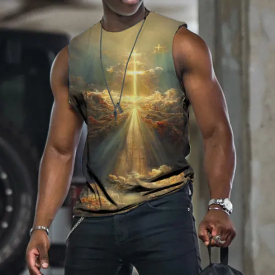New OUKU Men's Graphic Cross Vest Top Sleeveless T Shirt for Men Sleeveless Cap Sleeve T shirt 3D Print Crew Neck Shirt Fashion Designer Muscle Daily Sports Running Light Yellow Black White Spring & Summer