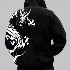 Outlet OUKU Men's Graphic Dragon Hoodie Hoodies Sweatshirt Fashion Daily Long Sleeve Hooded Vacation Sports Outdoor Holiday Black White Print Front Pocket Spring & Fall Designer