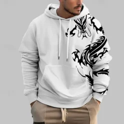 Outlet OUKU Men's Graphic Dragon Hoodie Hoodies Sweatshirt Fashion Daily Long Sleeve Hooded Vacation Sports Outdoor Holiday Black White Print Front Pocket Spring & Fall Designer