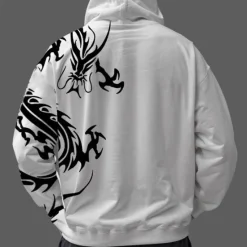 Outlet OUKU Men's Graphic Dragon Hoodie Hoodies Sweatshirt Fashion Daily Long Sleeve Hooded Vacation Sports Outdoor Holiday Black White Print Front Pocket Spring & Fall Designer