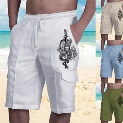 Online OUKU Men's Graphic Dragon Shorts Beach Shorts Mid Waist Streetwear Designer Big and Tall Casual Daily Holiday Elastic Waist Drawstring Print Designer Clothing Apparel