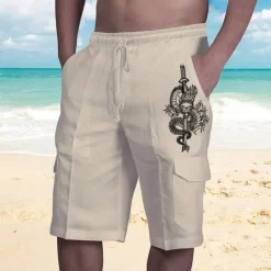 Online OUKU Men's Graphic Dragon Shorts Beach Shorts Mid Waist Streetwear Designer Big and Tall Casual Daily Holiday Elastic Waist Drawstring Print Designer Clothing Apparel