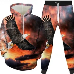 Discount OUKU Men's Graphic Eagle 2pcs 3D Sweatshirt Sets Tracksuit Hoodies Long Sleeve Long pants Hooded Streetwear Basic Casual Sports & Outdoor Casual Sports Print Spring Fall Black White Red