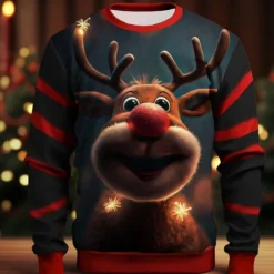 OUKU Men's Graphic Elk Moose Christmas Sweatshirts Sweatshirt Golf Pullover Sweatshirt Long Sleeve Sweatshirt Crew Neck Fashion Daily Casual 3D Print Vacation Holiday Going out Print Spring & Fall