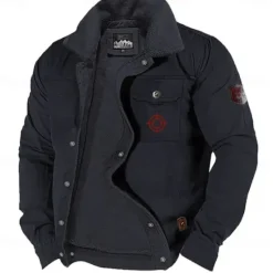 Hot OUKU Men's Graphic Embroidered Fleece Jacket Sherpa Trucker Jacket Work Cargo Jacket Turn-Down Collar Warm Winter Cotton Jacket Vintage Casual Going Out Coat Multi-Pockets