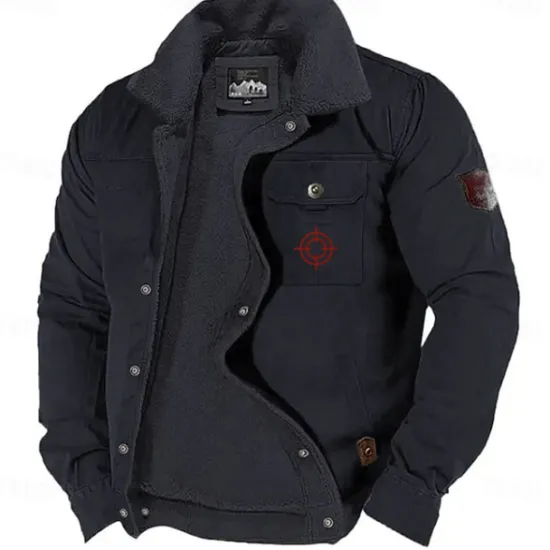 Hot OUKU Men's Graphic Embroidered Fleece Jacket Sherpa Trucker Jacket Work Cargo Jacket Turn-Down Collar Warm Winter Cotton Jacket Vintage Casual Going Out Coat Multi-Pockets