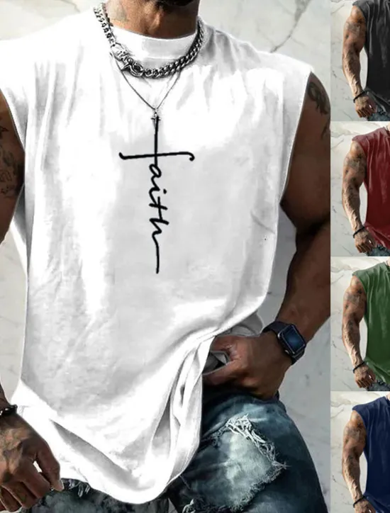 Sale OUKU Men's Graphic Faith Vest Top Sleeveless T Shirt for Men Sleeveless Cap Sleeve T shirt 3D Print Crew Neck Shirt Fashion Designer Muscle Daily Sports Gym Black White Navy Blue Spring & Summer Clothing
