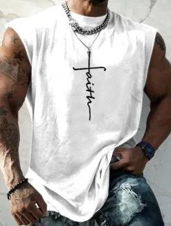 Sale OUKU Men's Graphic Faith Vest Top Sleeveless T Shirt for Men Sleeveless Cap Sleeve T shirt 3D Print Crew Neck Shirt Fashion Designer Muscle Daily Sports Gym Black White Navy Blue Spring & Summer Clothing