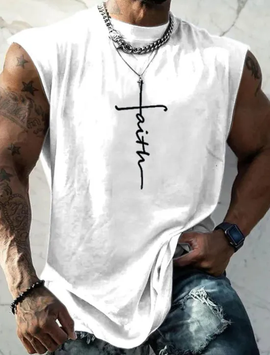 Sale OUKU Men's Graphic Faith Vest Top Sleeveless T Shirt for Men Sleeveless Cap Sleeve T shirt 3D Print Crew Neck Shirt Fashion Designer Muscle Daily Sports Gym Black White Navy Blue Spring & Summer Clothing