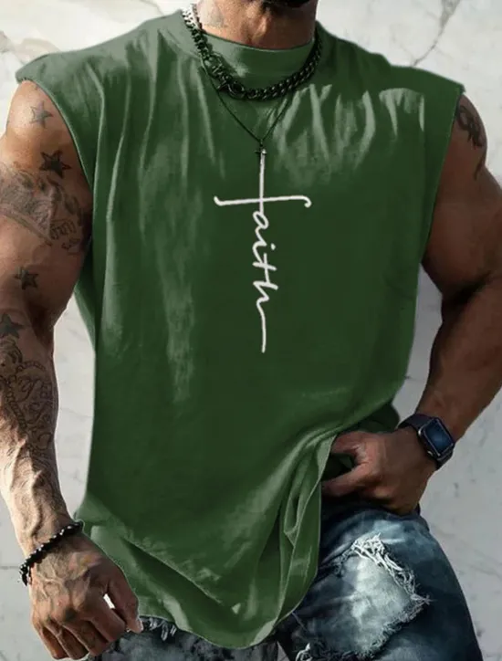 Sale OUKU Men's Graphic Faith Vest Top Sleeveless T Shirt for Men Sleeveless Cap Sleeve T shirt 3D Print Crew Neck Shirt Fashion Designer Muscle Daily Sports Gym Black White Navy Blue Spring & Summer Clothing