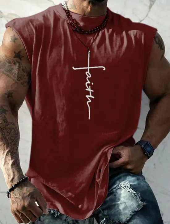 Sale OUKU Men's Graphic Faith Vest Top Sleeveless T Shirt for Men Sleeveless Cap Sleeve T shirt 3D Print Crew Neck Shirt Fashion Designer Muscle Daily Sports Gym Black White Navy Blue Spring & Summer Clothing
