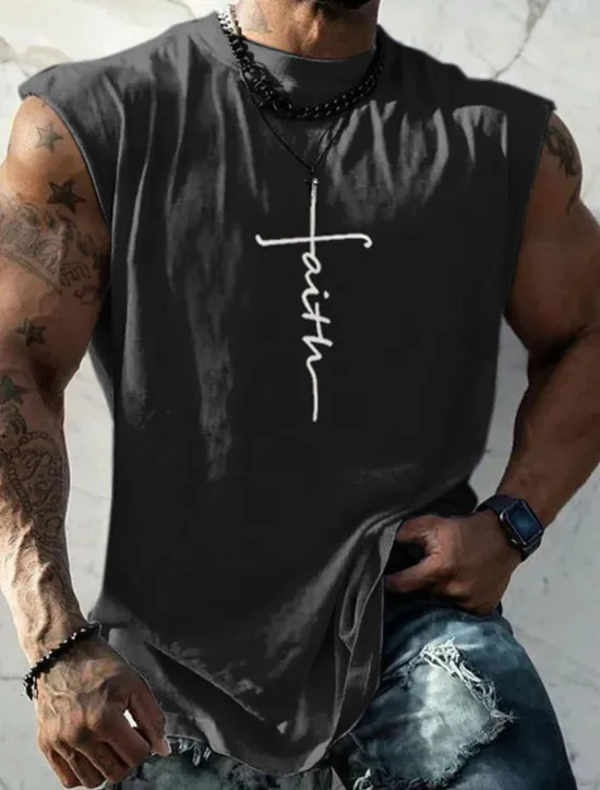Sale OUKU Men's Graphic Faith Vest Top Sleeveless T Shirt for Men Sleeveless Cap Sleeve T shirt 3D Print Crew Neck Shirt Fashion Designer Muscle Daily Sports Gym Black White Navy Blue Spring & Summer Clothing