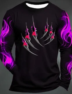 Online OUKU Men's Graphic Flame Paw T Shirt Long Sleeve T shirt 3D Print Crew Neck Shirt Fashion Designer Casual Sports Outdoor Holiday Going out Black Yellow Dark Green Spring & Fall Clothing Apparel S M L XL