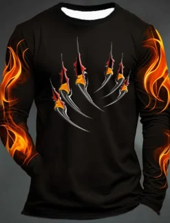 Online OUKU Men's Graphic Flame Paw T Shirt Long Sleeve T shirt 3D Print Crew Neck Shirt Fashion Designer Casual Sports Outdoor Holiday Going out Black Yellow Dark Green Spring & Fall Clothing Apparel S M L XL