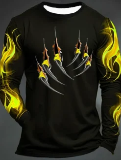 Online OUKU Men's Graphic Flame Paw T Shirt Long Sleeve T shirt 3D Print Crew Neck Shirt Fashion Designer Casual Sports Outdoor Holiday Going out Black Yellow Dark Green Spring & Fall Clothing Apparel S M L XL