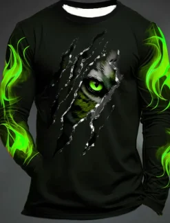 Online OUKU Men's Graphic Flame Paw T Shirt Long Sleeve T shirt 3D Print Crew Neck Shirt Fashion Designer Casual Sports Outdoor Holiday Going out Black Yellow Dark Green Spring & Fall Clothing Apparel S M L XL