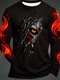 Online OUKU Men's Graphic Flame Paw T Shirt Long Sleeve T shirt 3D Print Crew Neck Shirt Fashion Designer Casual Sports Outdoor Holiday Going out Black Yellow Dark Green Spring & Fall Clothing Apparel S M L XL