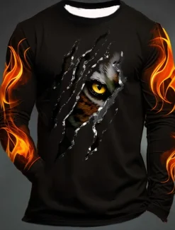 Online OUKU Men's Graphic Flame Paw T Shirt Long Sleeve T shirt 3D Print Crew Neck Shirt Fashion Designer Casual Sports Outdoor Holiday Going out Black Yellow Dark Green Spring & Fall Clothing Apparel S M L XL