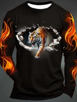 Online OUKU Men's Graphic Flame Paw T Shirt Long Sleeve T shirt 3D Print Crew Neck Shirt Fashion Designer Casual Sports Outdoor Holiday Going out Black Yellow Dark Green Spring & Fall Clothing Apparel S M L XL