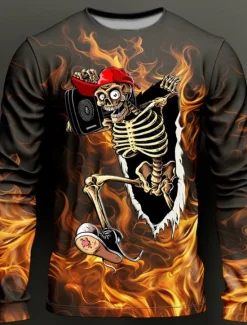 Online OUKU Men's Graphic Flame Skeleton T Shirt Long Sleeve T shirt 3D Print Crew Neck Shirt Fashion Designer Casual Sports Outdoor Holiday Going out Red Purple Orange Spring & Fall Clothing Apparel S M L XL