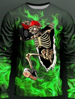 Online OUKU Men's Graphic Flame Skeleton T Shirt Long Sleeve T shirt 3D Print Crew Neck Shirt Fashion Designer Casual Sports Outdoor Holiday Going out Red Purple Orange Spring & Fall Clothing Apparel S M L XL