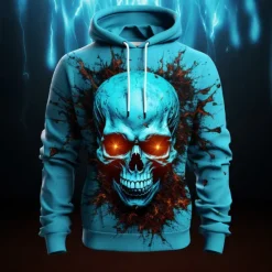 Hot OUKU Men's Graphic Flame Skulls Hoodie Hoodies Sweatshirt Fashion Daily Long Sleeve Hooded Vacation Sports Outdoor Holiday Red Blue Print Front Pocket Spring & Fall Designer
